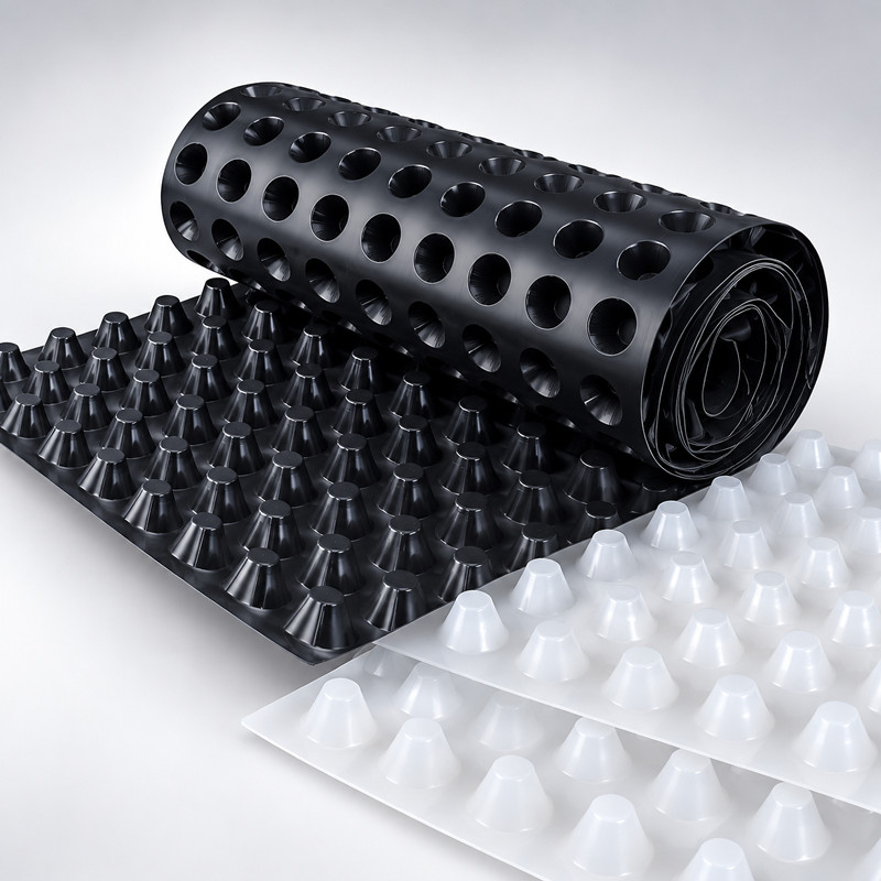 Fournitures de rouleaux de plaques de drainage à picots en PEHD noir et blanc.jpg Fournitures de rouleaux de plaques de drainage à picots en PEHD noir et blanc.jpg